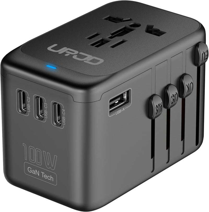 URJD Universal Travel Adapter 100W GaN Fast Charger in One, 4 USB C 1 USB A Ports & 2500W AC Outlet, International Power Plug Adapter with EU UK US AUS Plugs for 200+ Countries - Image 1